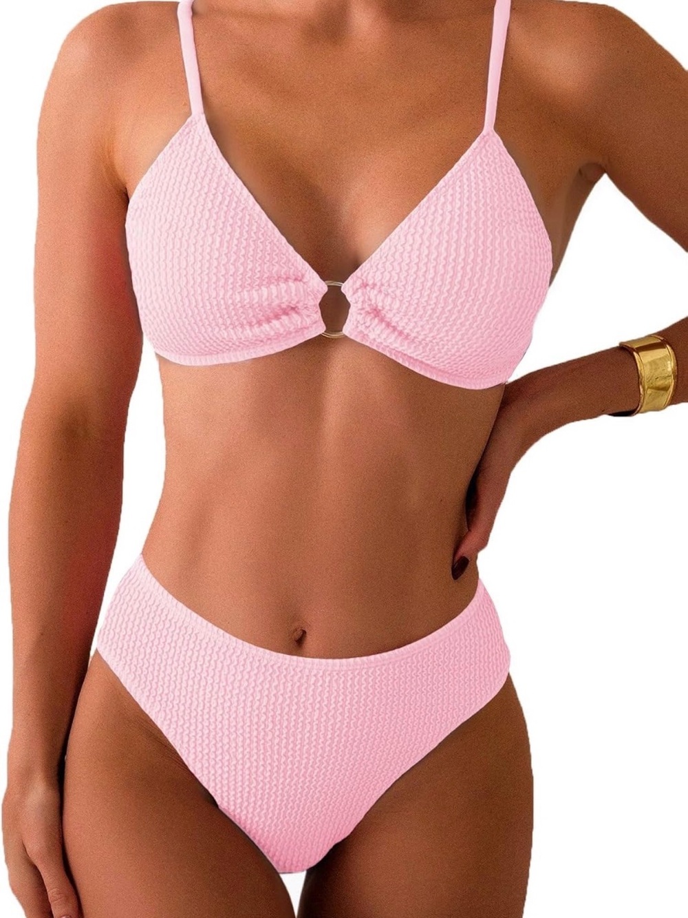 Textured Pink Ring-Front Bikini Set